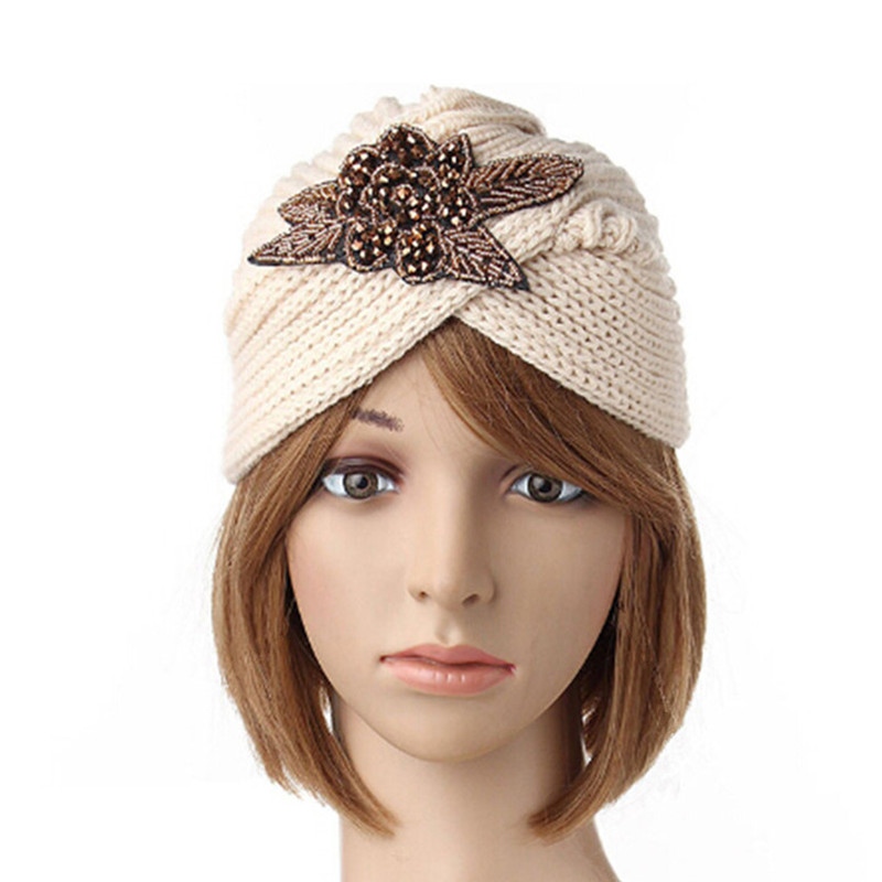 Femme Turban Chapeau Tricot Crochet Bonnet Chaud Serre,tête Ski Hiver Strass Hat