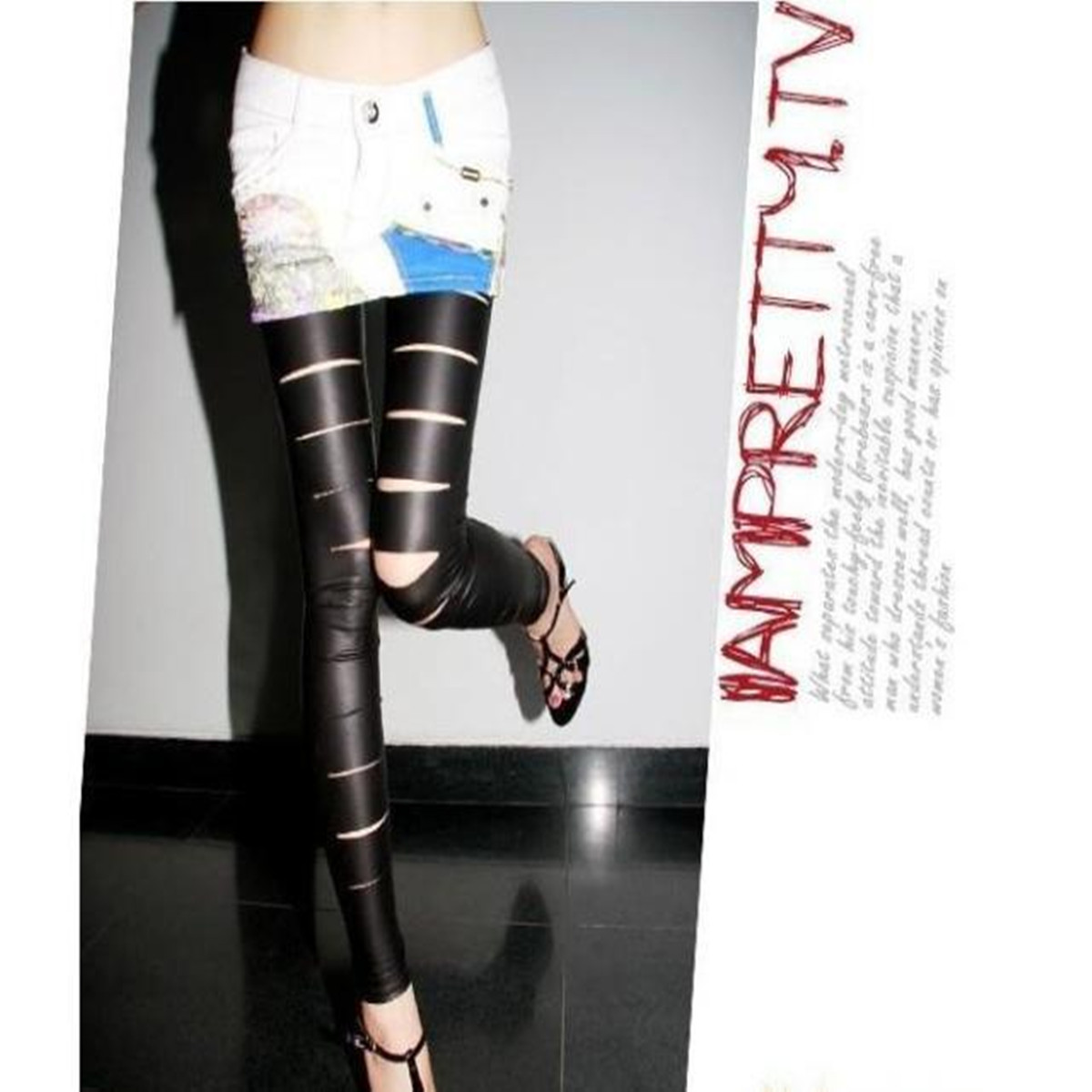Women Hollow Punk Ripped Torn Tearing Hole Leggings Cottonskinny pants