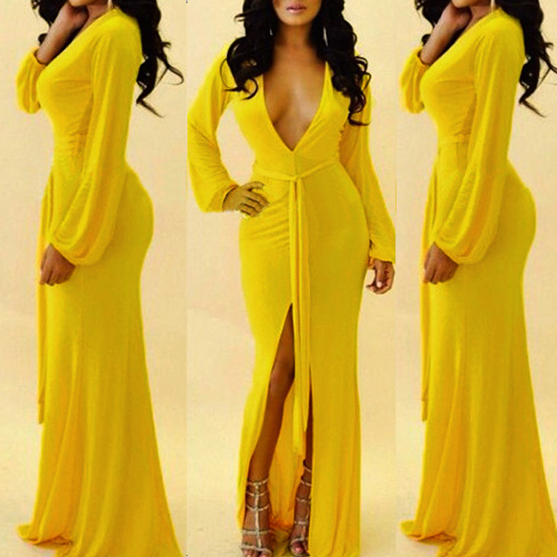 ZANZEA-Jaune-Maxi-Robe-de-Soiree-Col-V-Manches-Longues-Robe-Splits ... ZANZEA-Jaune-Maxi-Robe-de-Soiree-Col-V-Manches-Longues-Robe-Splits ...