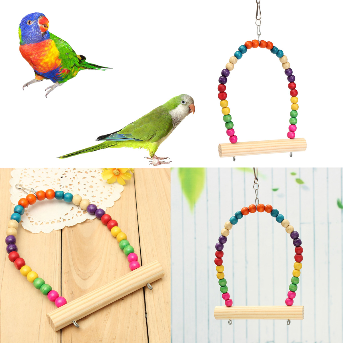 Colorful Wooden Bird Parrot Swing Stand Cage ...