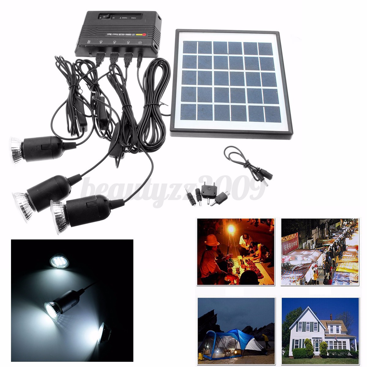 Solar Panel Kit Cargador + Power Bank System Jardín 4W 6V +3x luz LED Solar Panel Kit Cargador + Power Bank System Jardín 4W 6V +3x luz LED