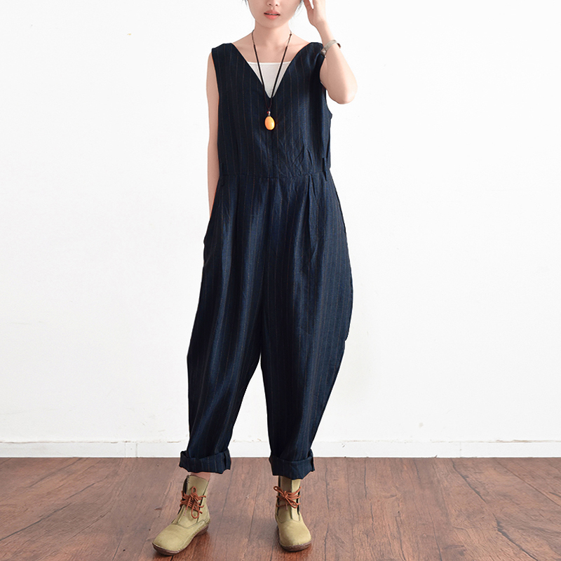 Women Sleeveless Oversize Baggy Harem Pants Bib Cargo Pants Stripe Overalls Plus