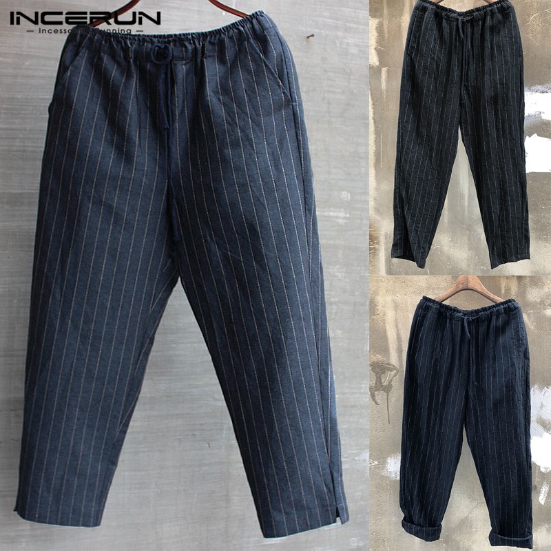 Mens Vintage Plain Striped Trousers Casual Hippie Baggy Pants Slacks Bottoms NEW