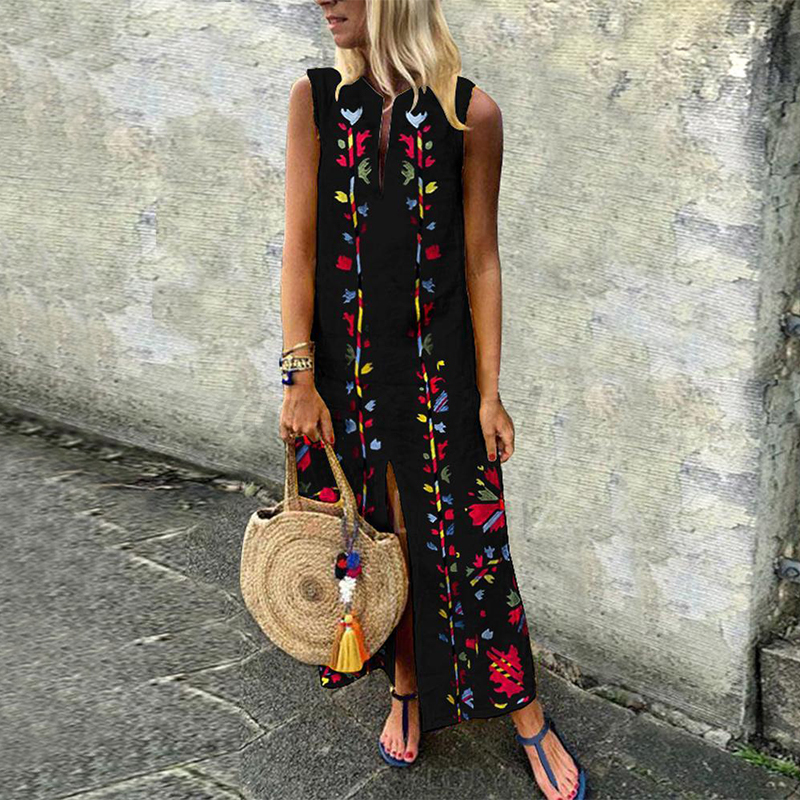 Women Summer V Neck Sleeveless Floral Print Party Evening Boho Split Long Dress