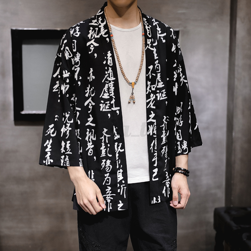 Men Japanese Kimono T Shirt 3//4 Sleeves Summer Beach Cloak Jacket Coat Top Shirt
