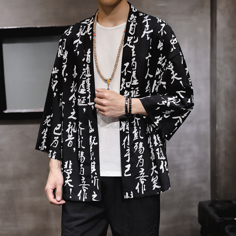 Men Japanese Kimono T Shirt 3//4 Sleeves Summer Beach Cloak Jacket Coat Top Shirt
