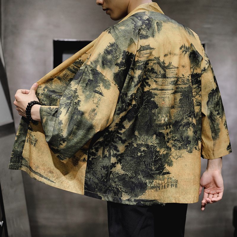Men Japanese Kimono T Shirt 3//4 Sleeves Summer Beach Cloak Jacket Coat Top Shirt