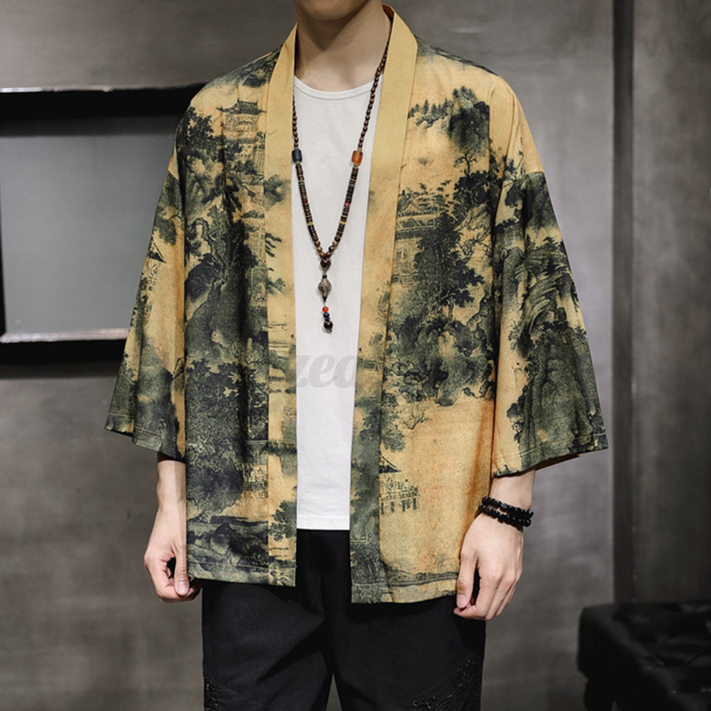 Men Japanese Kimono T Shirt 3//4 Sleeves Summer Beach Cloak Jacket Coat Top Shirt