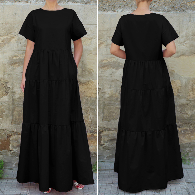 UK 8-24 Women Summer Casual Plain Vintage Solid Retro Plus Size Maxi Long Dress