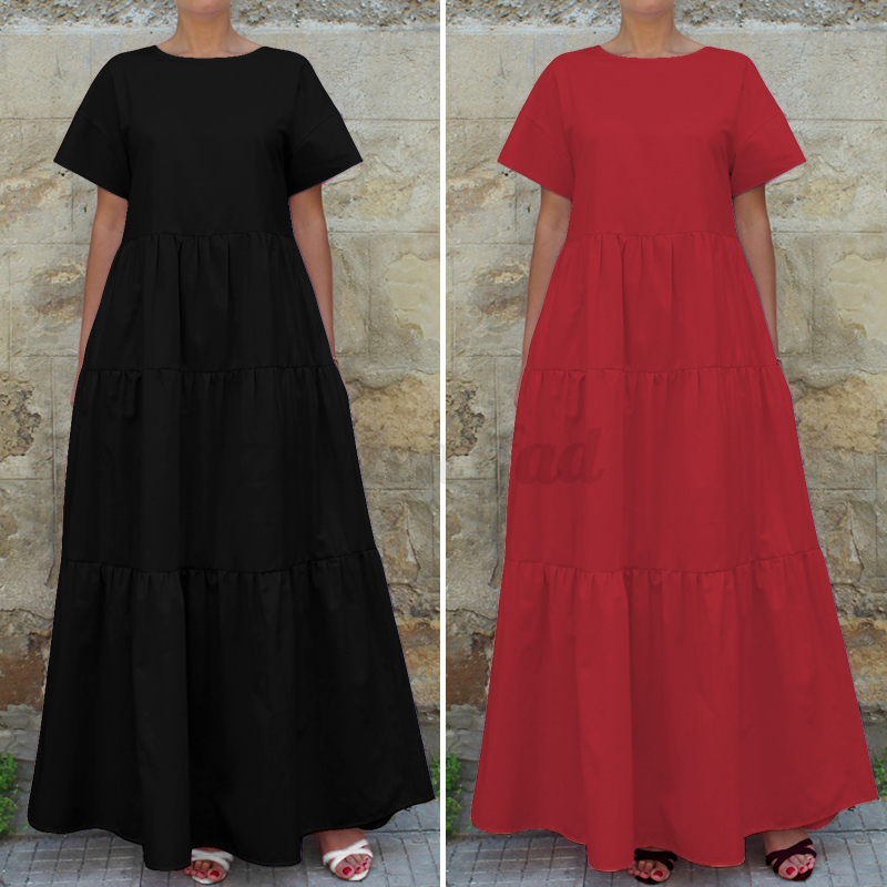 UK 8-24 Women Summer Casual Plain Vintage Solid Retro Plus Size Maxi Long Dress