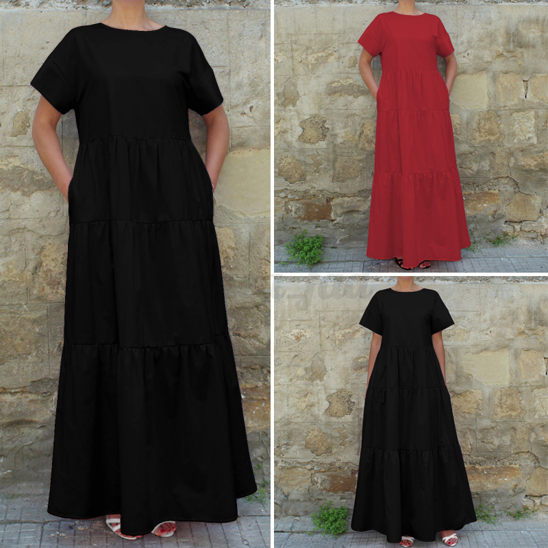 UK 8-24 Women Summer Casual Plain Vintage Solid Retro Plus Size Maxi Long Dress