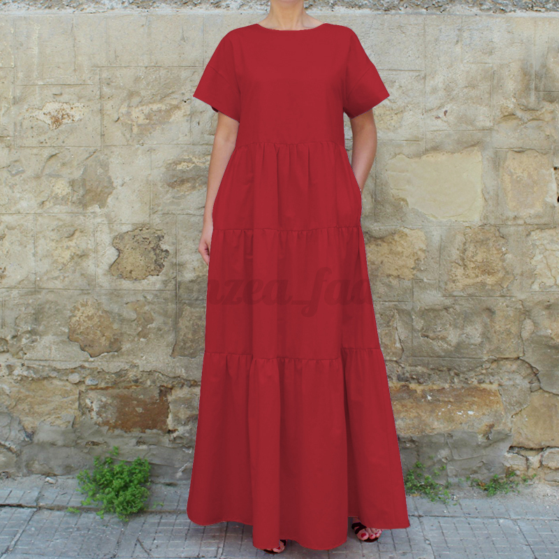 UK 8-24 Women Summer Casual Plain Vintage Solid Retro Plus Size Maxi Long Dress