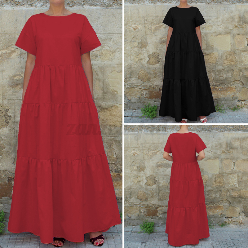 UK 8-24 Women Summer Casual Plain Vintage Solid Retro Plus Size Maxi Long Dress