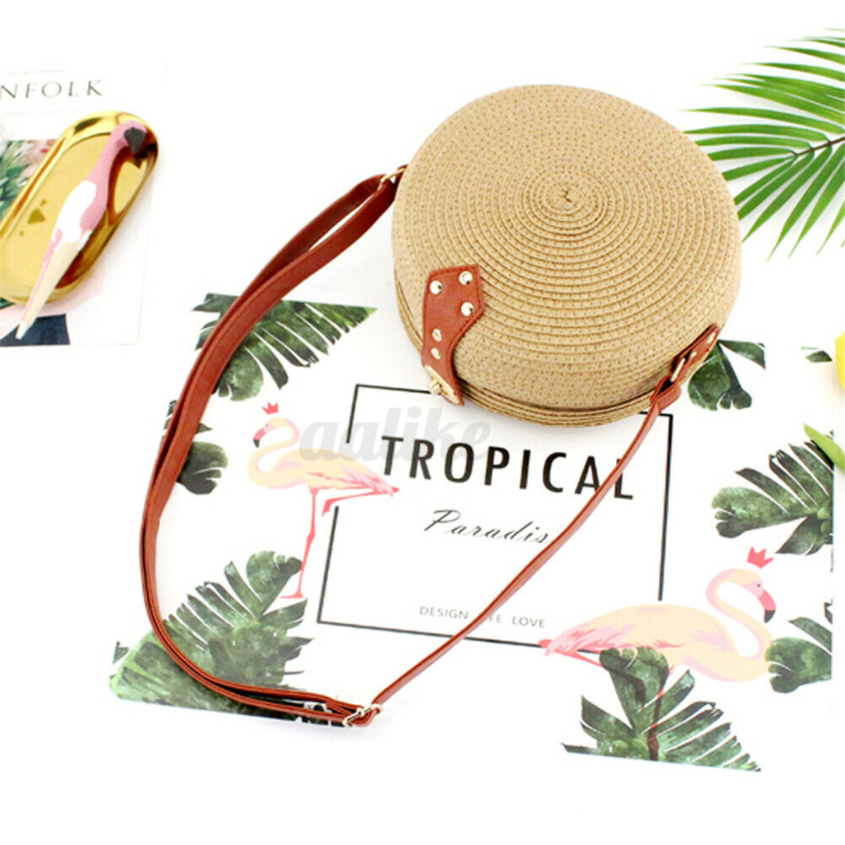Women Rattan Straw Beach Shoulder Bag Round Woven Holiday Tote Summer Purse Bag