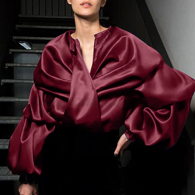 Damen Langarm Shirt Hemd Satin V Neck Europa Party Abend Elegant Bluse Tunika
