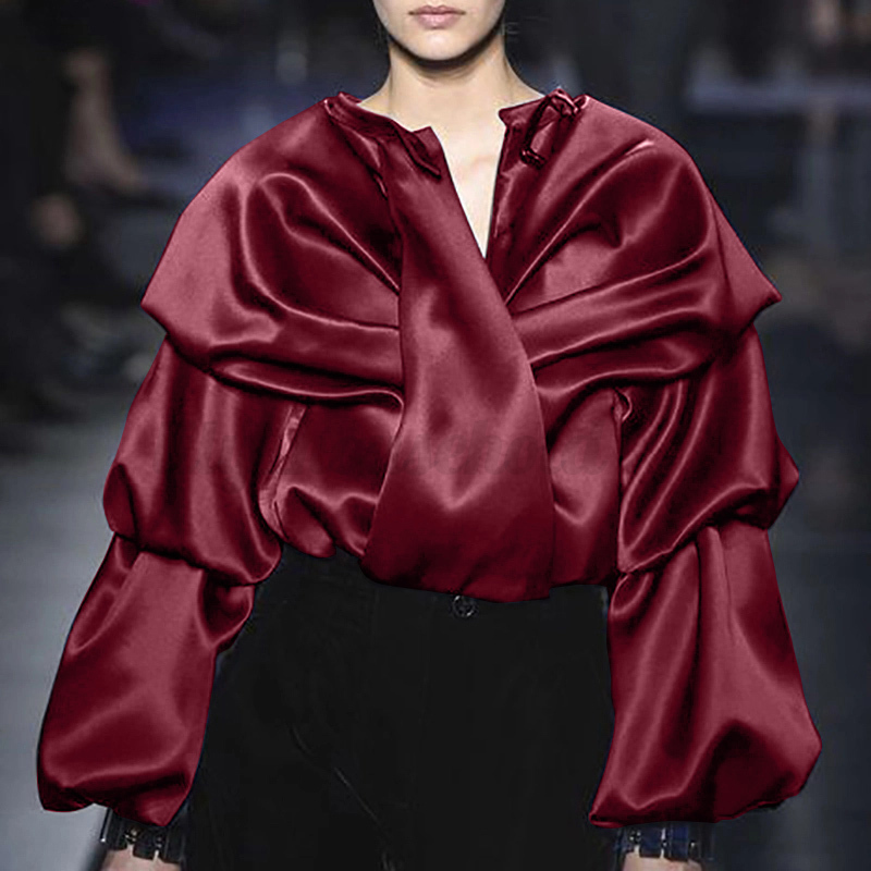 Damen Langarm Shirt Hemd Satin V Neck Europa Party Abend Elegant Bluse Tunika