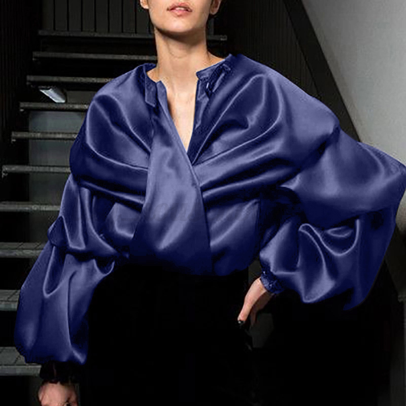 Damen Langarm Shirt Hemd Satin V Neck Europa Party Abend Elegant Bluse Tunika