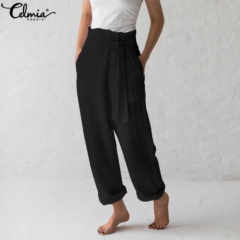 Summer Women Culottes Casual Harem Trousers High Waist Lace Up Pants Office Plus