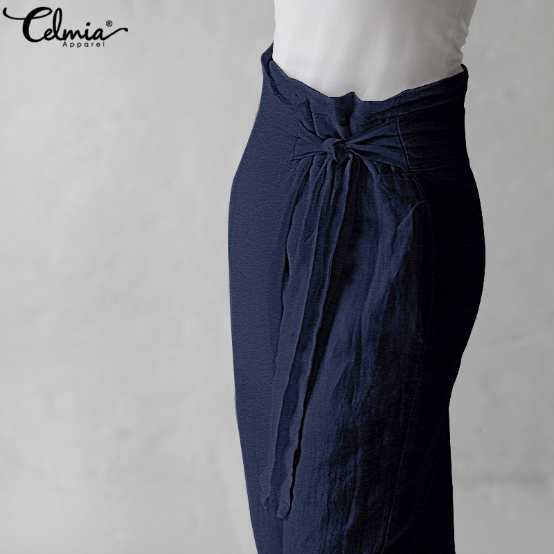 Summer Women Culottes Casual Harem Trousers High Waist Lace Up Pants Office Plus