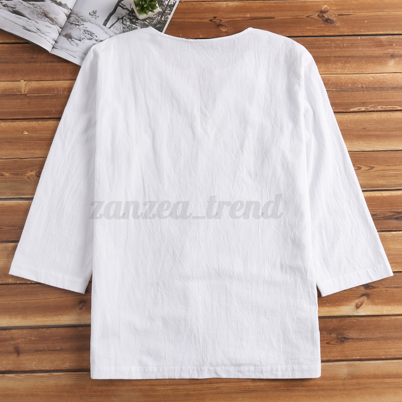 UK Men/'s Linen 3//4 Sleeve Shirt Beach Casual Collarless Shirt Top Holiday Blouse