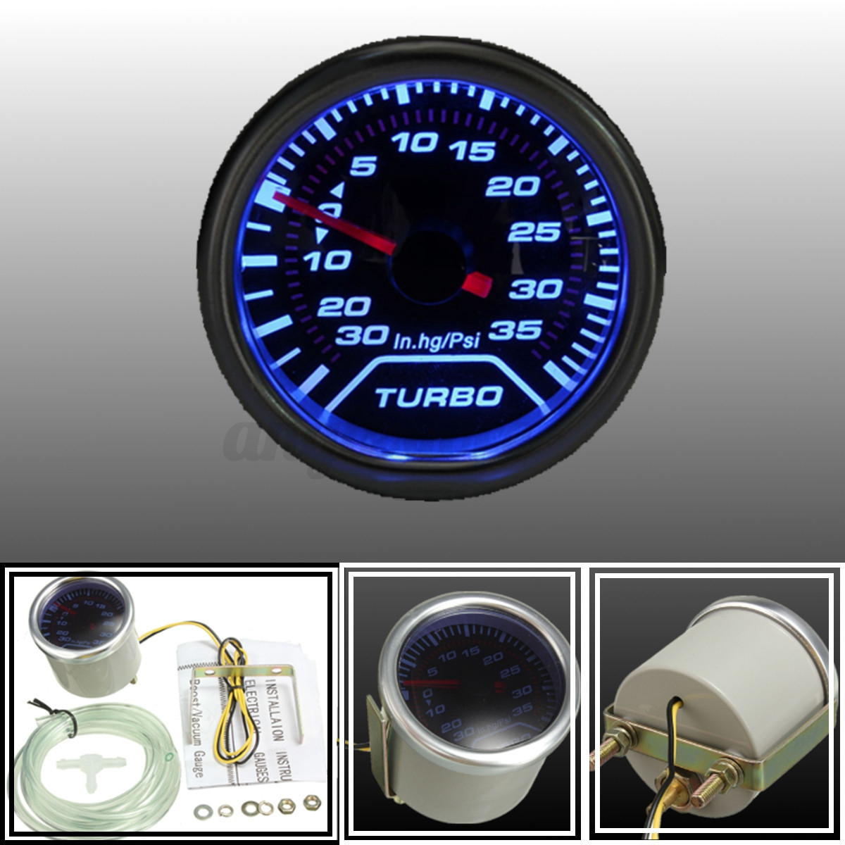 12V 2/" 52mm Auto Car Turbo Boost Gauge Vacuum Press Meter Blue LED 0~30PSI R8A9