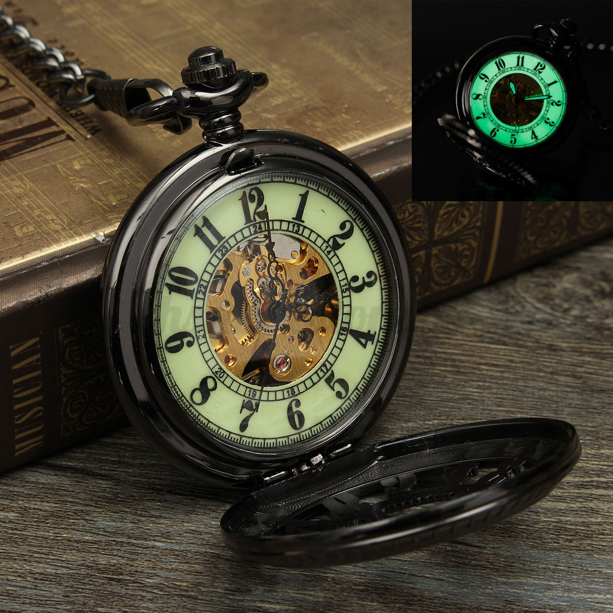 Mechanical Luminous Skeleton Automatic Steampunk Mens Pocket Watch