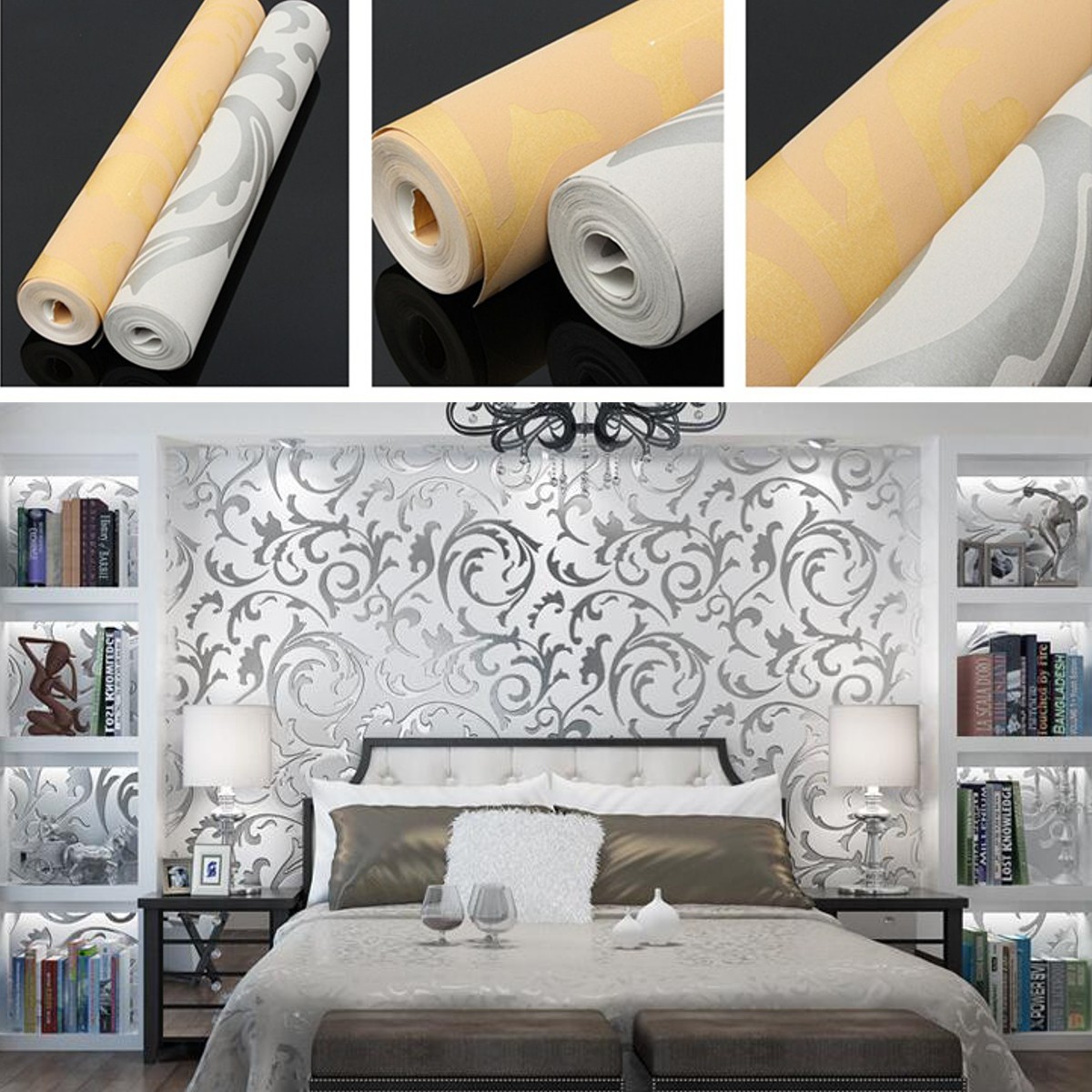 10m Silver Gold Victorian 3d Textured Damask Embossed Wallpaper