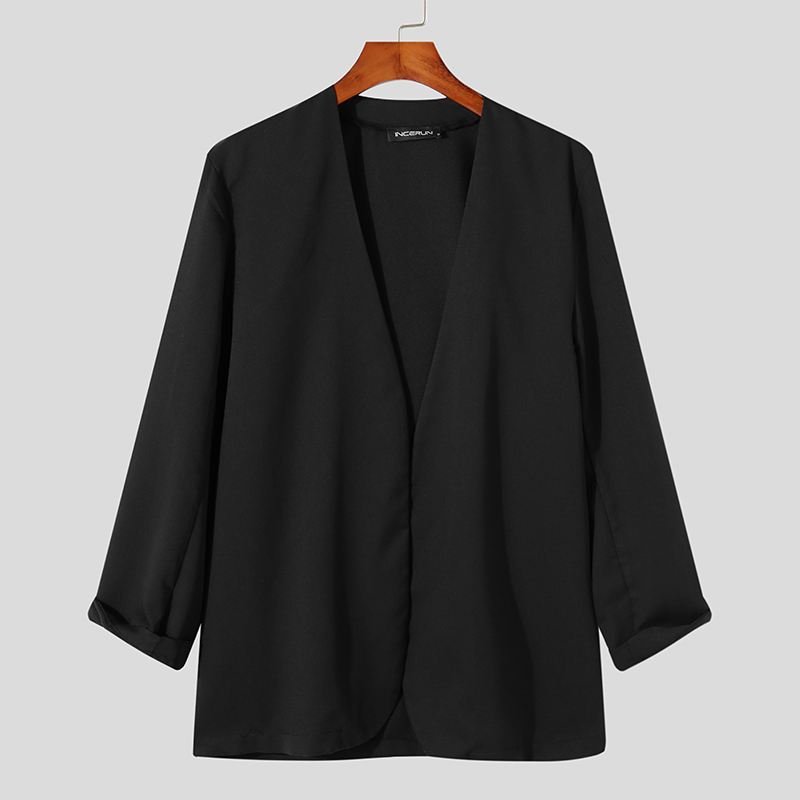 Men's Long Sleeve Collarless Henley Blazer Cardigan Open Front Coat Thin Jacket - Picture 13 of 15