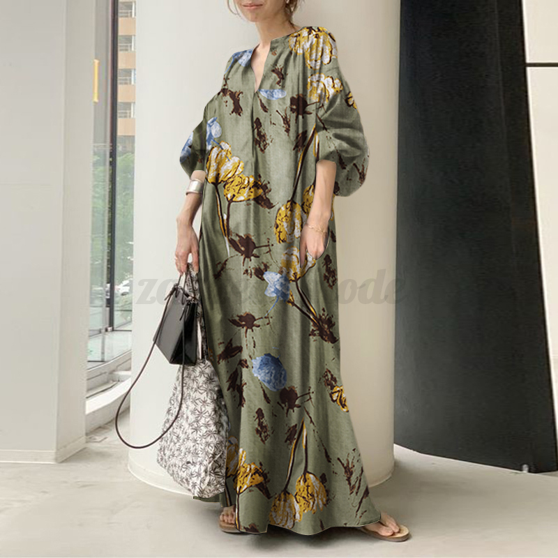 Womens Summer Puff Sleeve Leopard Printed Sundress Evening Party Long Maxi Dress - Picture 17 of 20