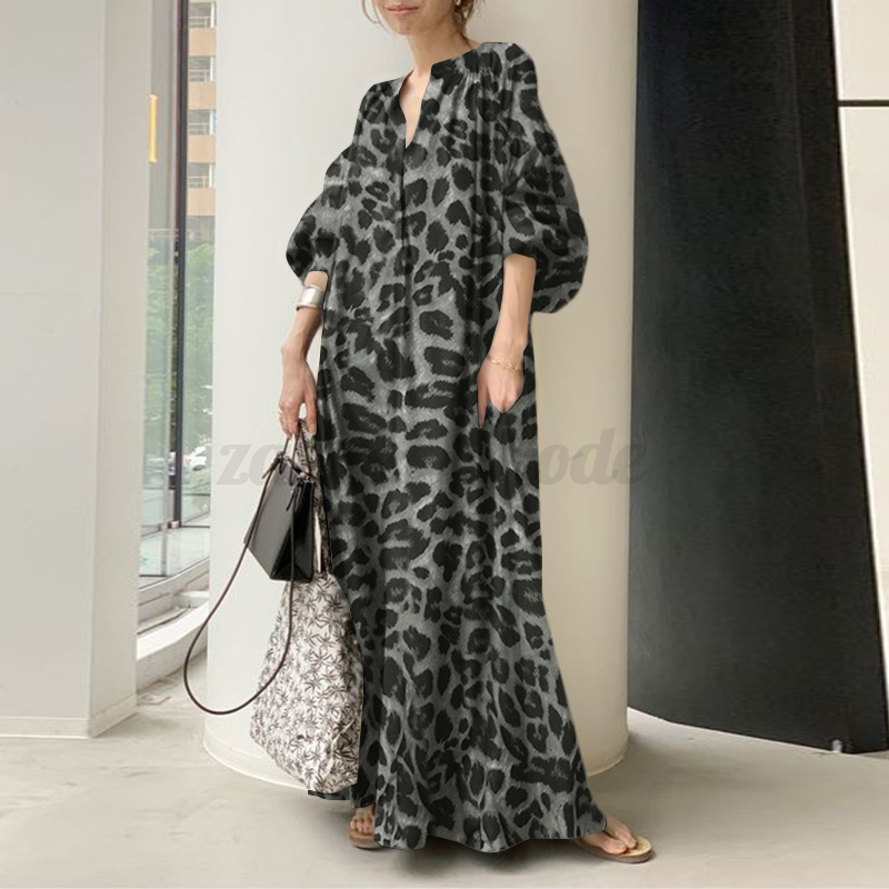 Womens Summer Puff Sleeve Leopard Printed Sundress Evening Party Long Maxi Dress - Picture 18 of 20