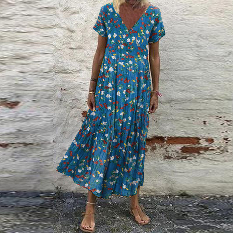 Mujeres Verano Manga Corta Cuello en V Floral Estampado Vestido Largo Vacaciones Playa Solero - Imagen 42 de 43
