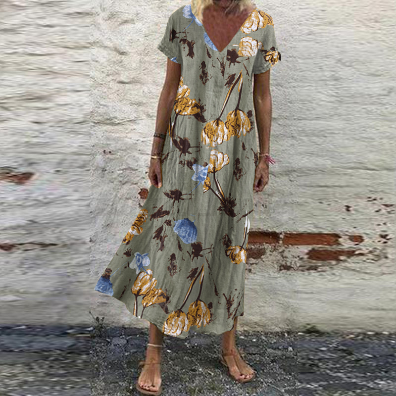 Mujeres Verano Manga Corta Cuello en V Floral Estampado Vestido Largo Vacaciones Playa Solero - Imagen 39 de 43