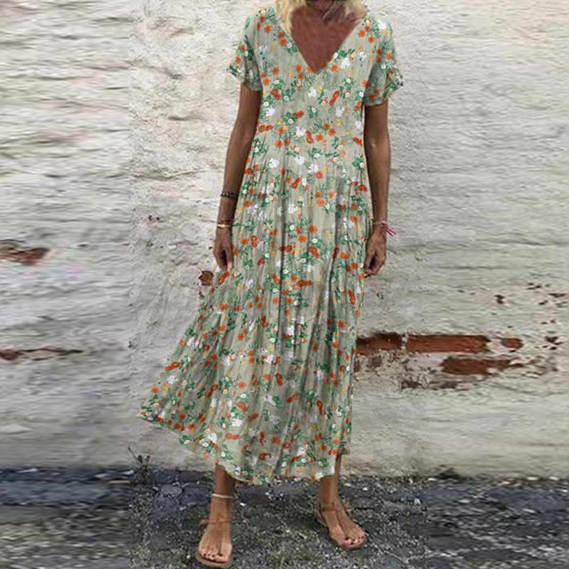 Mujeres Verano Manga Corta Cuello en V Floral Estampado Vestido Largo Vacaciones Playa Solero - Imagen 41 de 43
