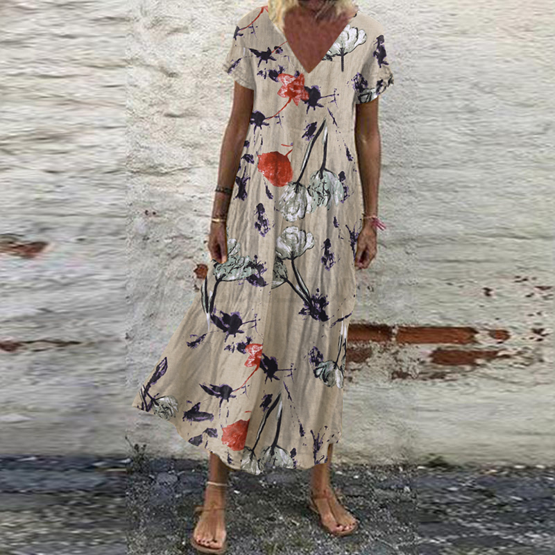 Mujeres Verano Manga Corta Cuello en V Floral Estampado Vestido Largo Vacaciones Playa Solero - Imagen 38 de 43