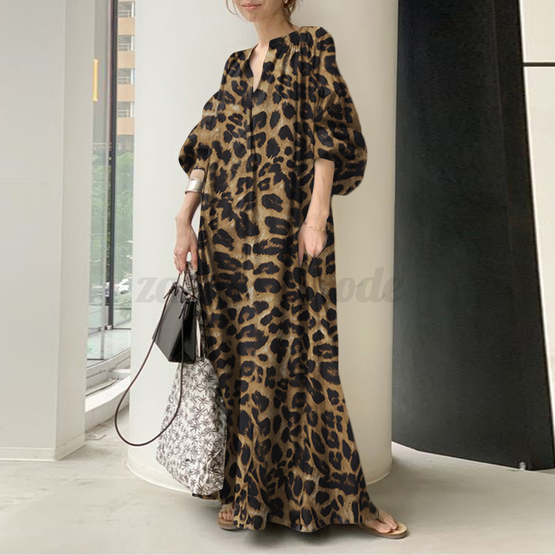 Womens Summer Puff Sleeve Leopard Printed Sundress Evening Party Long Maxi Dress - Picture 20 of 20