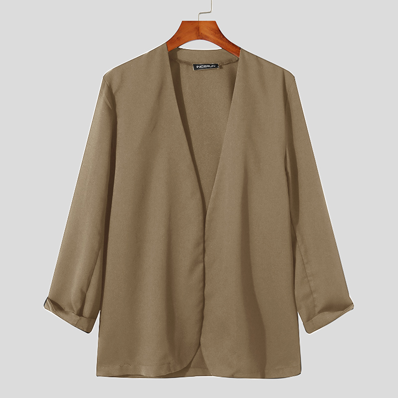 Men's Long Sleeve Collarless Henley Blazer Cardigan Open Front Coat Thin Jacket - Picture 15 of 15