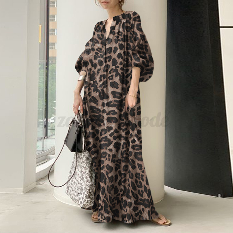 Womens Summer Puff Sleeve Leopard Printed Sundress Evening Party Long Maxi Dress - Picture 19 of 20