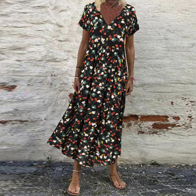 Mujeres Verano Manga Corta Cuello en V Floral Estampado Vestido Largo Vacaciones Playa Solero - Imagen 43 de 43