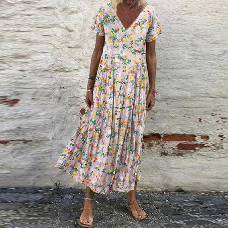 Mujeres Verano Manga Corta Cuello en V Floral Estampado Vestido Largo Vacaciones Playa Solero - Imagen 40 de 43
