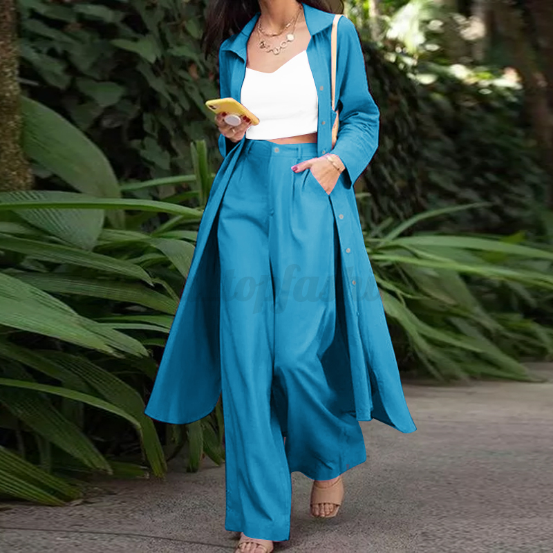 Women Business Office Work Suits Sets Long Shirt Outwear Blazer Chino Pants 2PCS - Picture 13 of 14