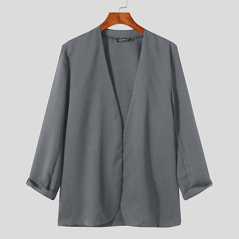 Men's Long Sleeve Collarless Henley Blazer Cardigan Open Front Coat Thin Jacket - Picture 14 of 15