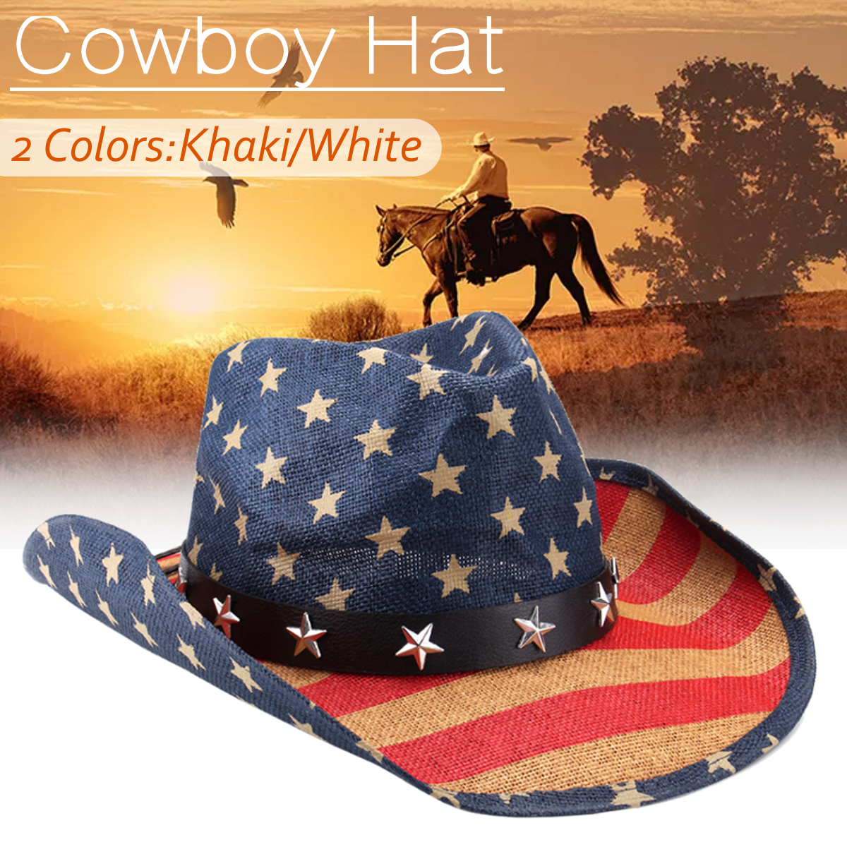 Women Men Straw Western Sombrero Cowboy Hats Cowgirl Caps American Flag 58CM