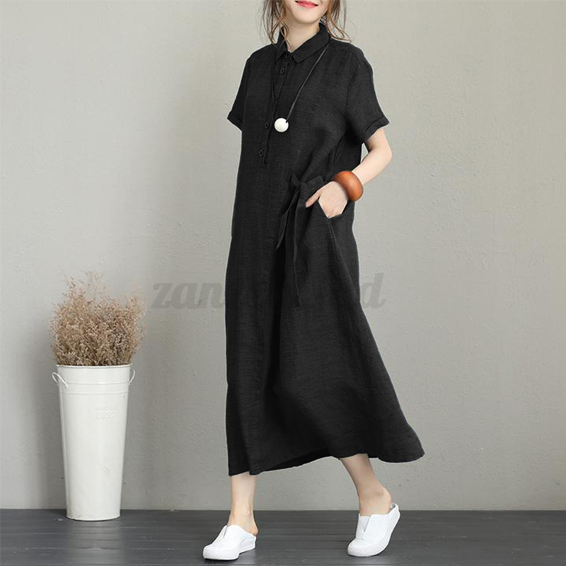 ZANZEA Women Peter Collar Short Sleeve Casual Loose Long Shirt Dress Kaftan Plus