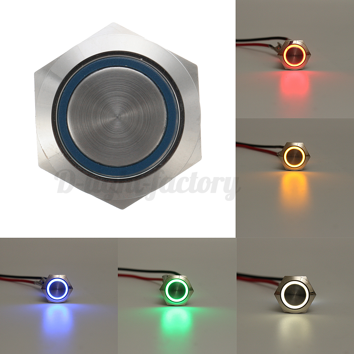 12V 5 Pin 19mm LED Light Push Button Latching Switch Flat Head IP65 Stainless