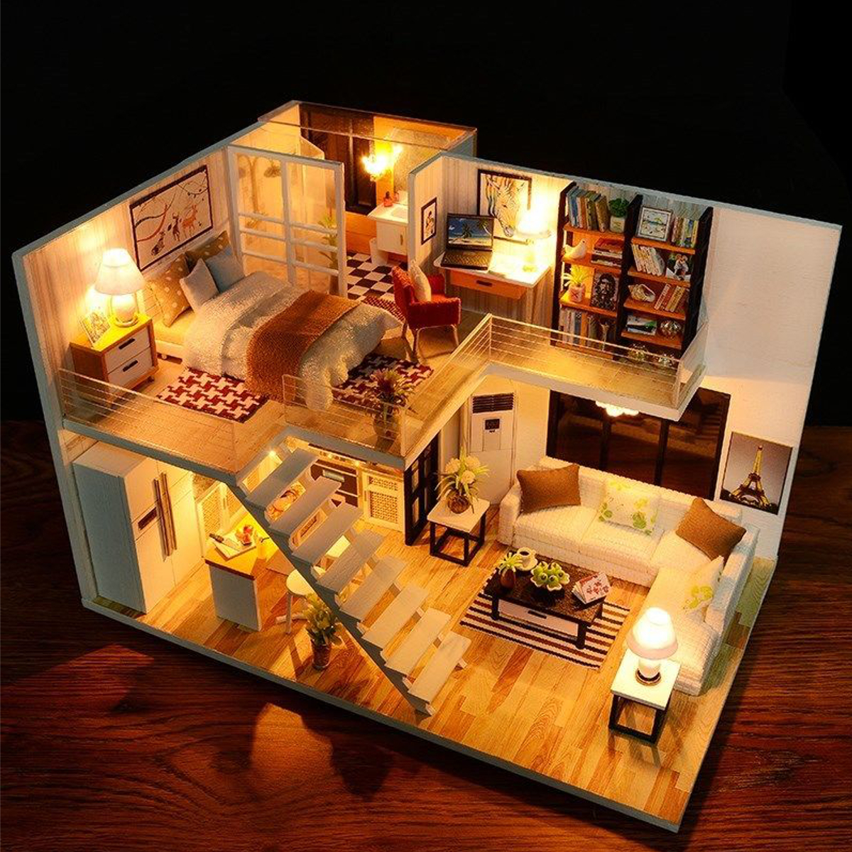 Dollhouse Wooden Doll House Furniture LED Kit Loft Apartments Miniature Gift