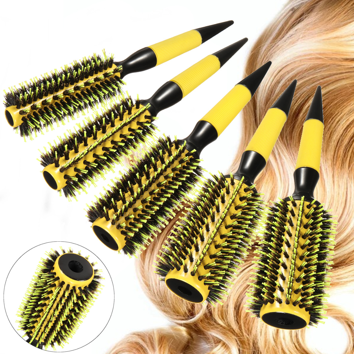 5 Size Nylon Bristle Round Hair Roller Brush Natural Wood