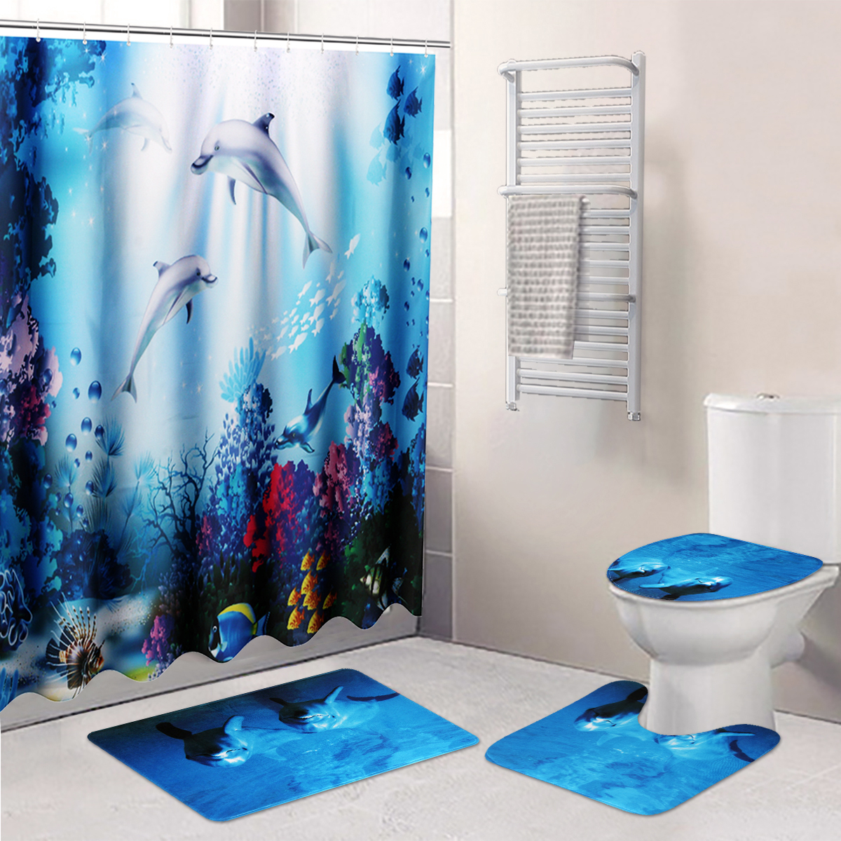 Dolphin Waterproof Bathroom Shower Curtain Toilet Cover Mat Non