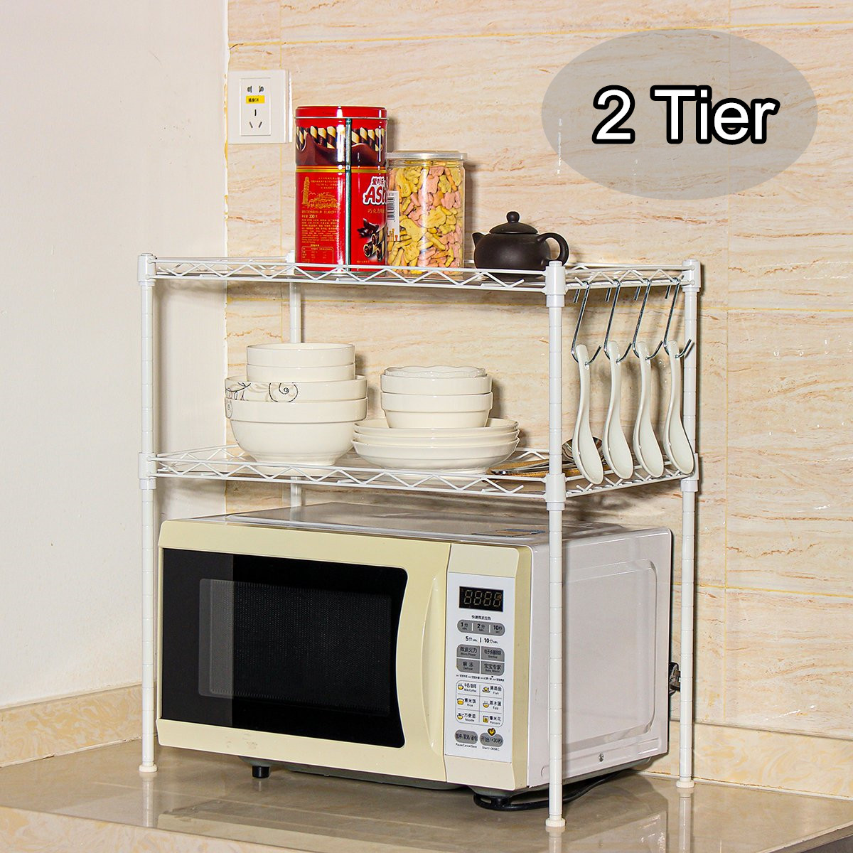 2 Tier Adjustable Steel Wire Shelving Unit Micro Oven Rack Kitchen