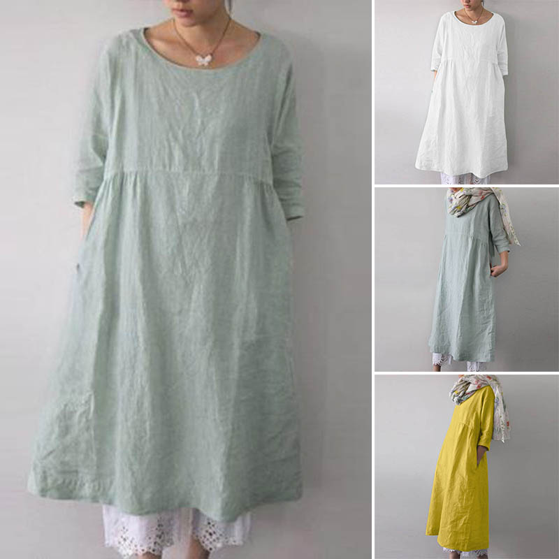 three quarter sleeve round neck light grey dress