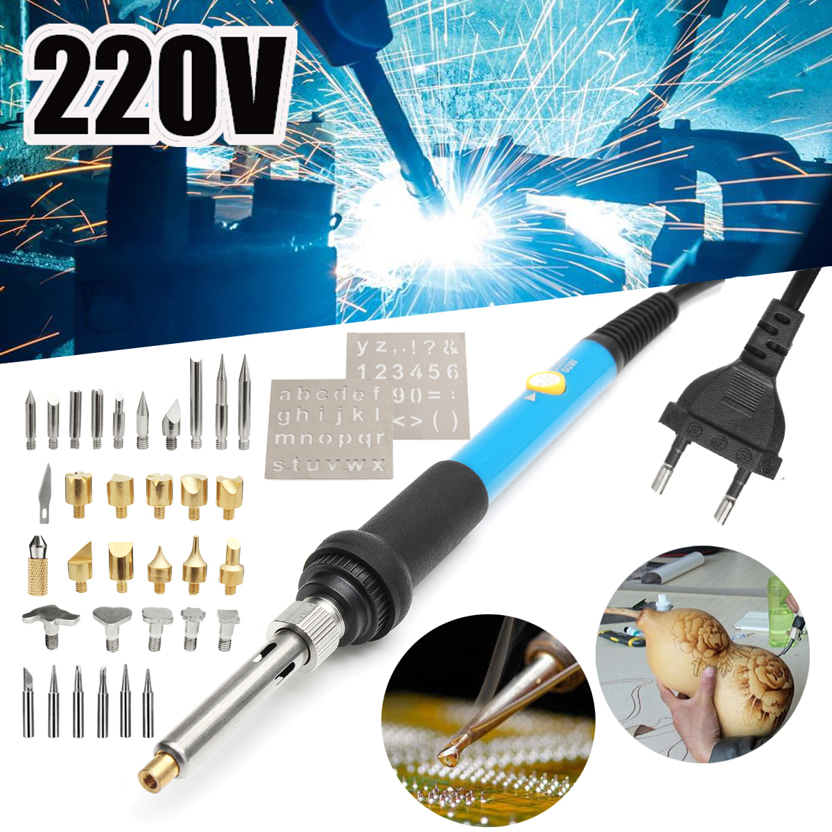 28x Brandmalkolben Brennkolben 60W 220V Gravur Set Brandmalerei Lötkolben Holz